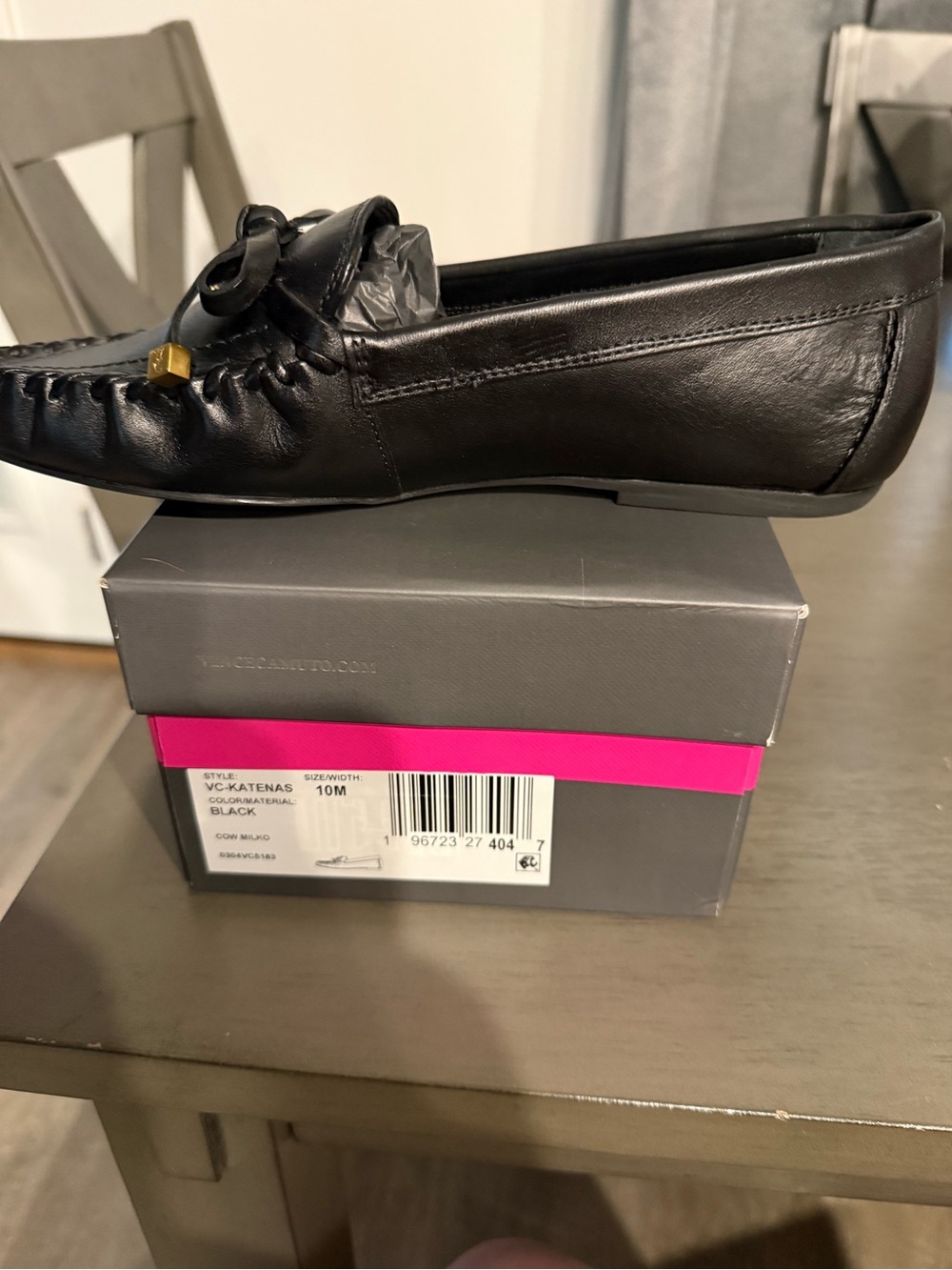 Vince Camuto Black Leather Moccasin Loafers with Gold Accent